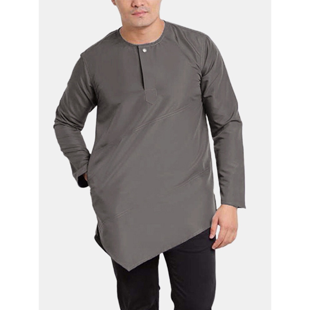 Men's Long Sleeve Casual Shirt Button Neck Loose Irregular Hem Tops Oversize Tee - L Pink