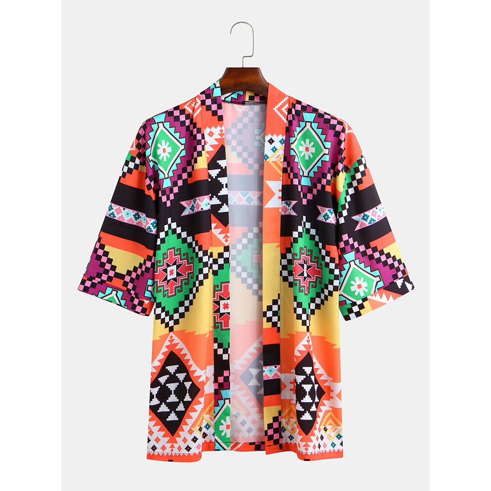 Jay Chou Mojito Same Style Colorful Geometry Print Kimono Half Sleeve Casual Cardigan Shirts - Colorful XL