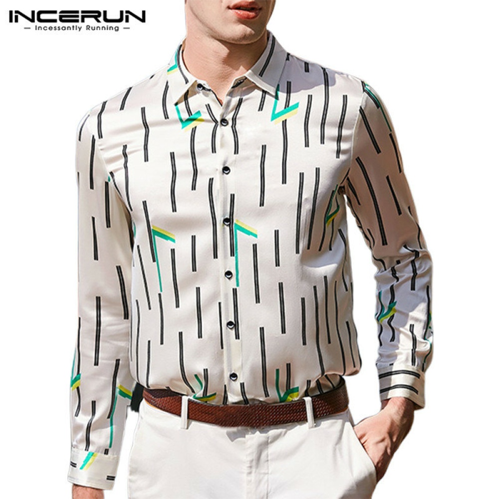 Mens Stain Silk Floral Shirts Long Sleeve Casual Dress Party Button Down Top Tee - S White