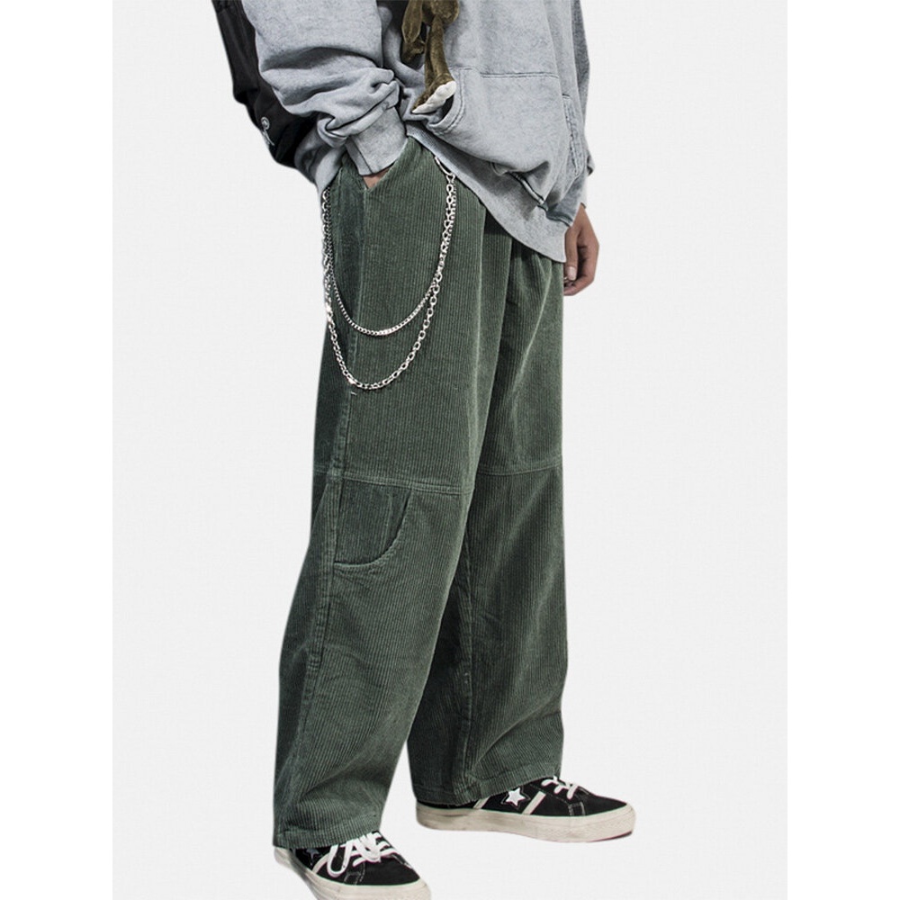 Corduroy Mens Drawstring Multi Pocket Solid Color Loose Pants - Green 2XL