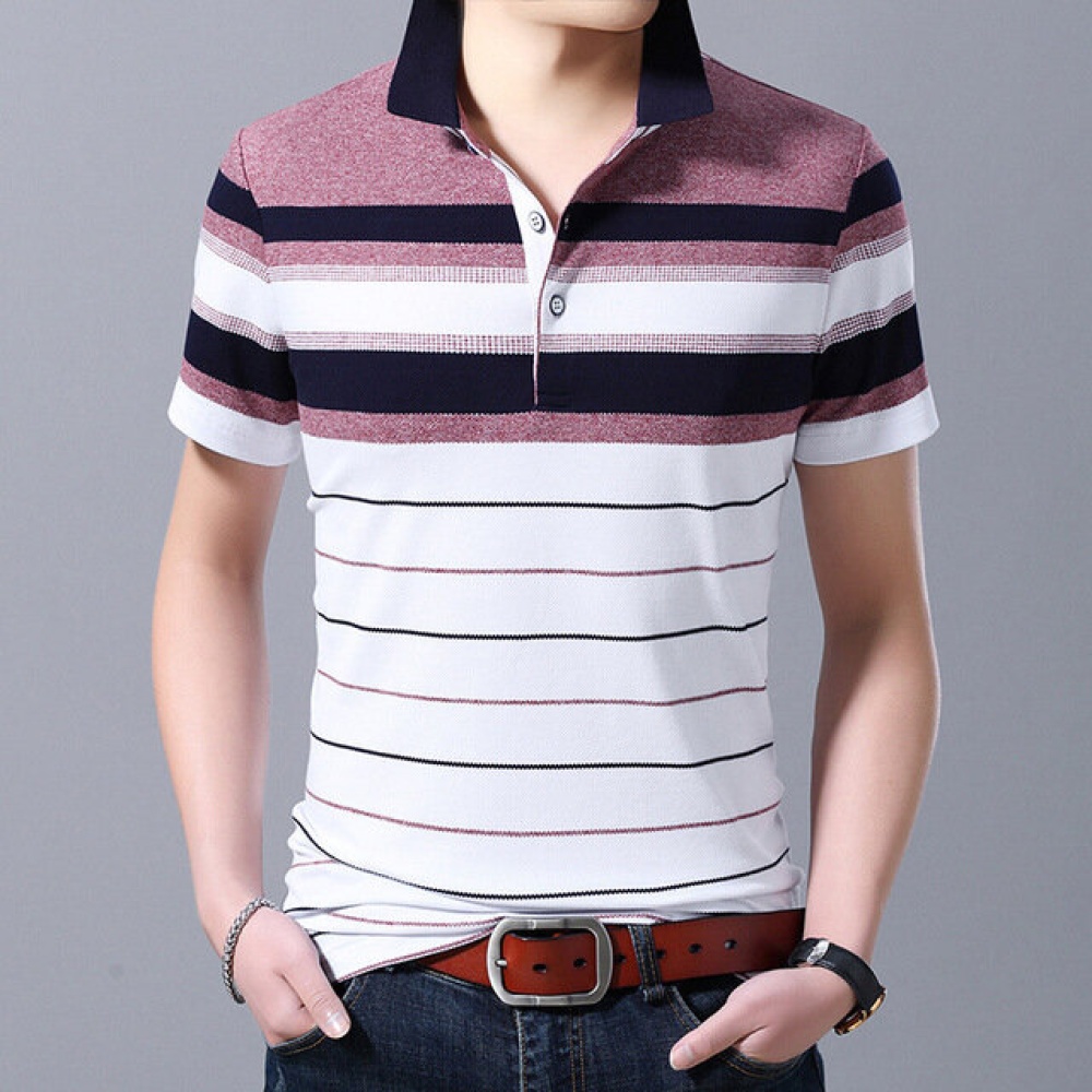 Men Short-sleeved T-shirt Striped Shirt Collar Half-sleeved - 2XL Gray
