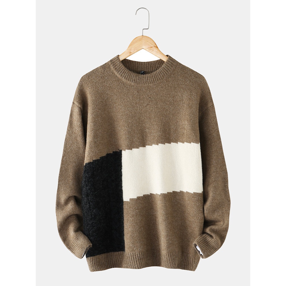 Mens Color Block Patchwork Crew Neck Knit Pullover Casual Sweaters - Grey S