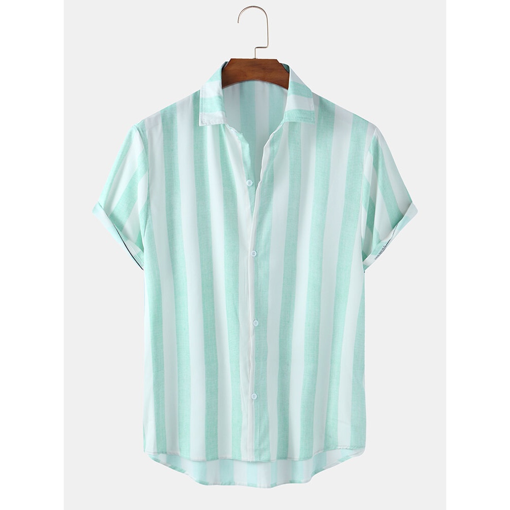 Mens Wide Striped Turn Down Collar Short Sleeve Shirts - Blue 2XL