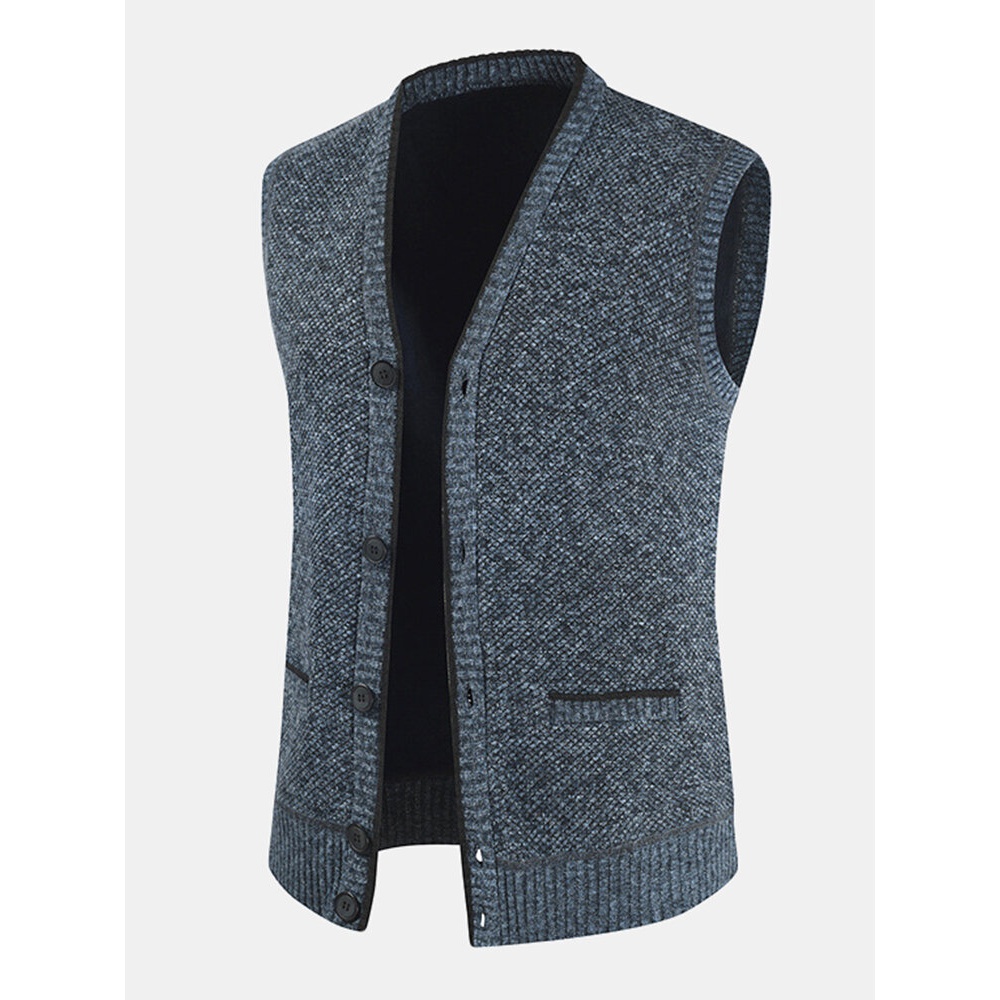 Mens Knitting Woolen Sleeveless V-Neck Button Up Warm Vests With Pocket - M Navy