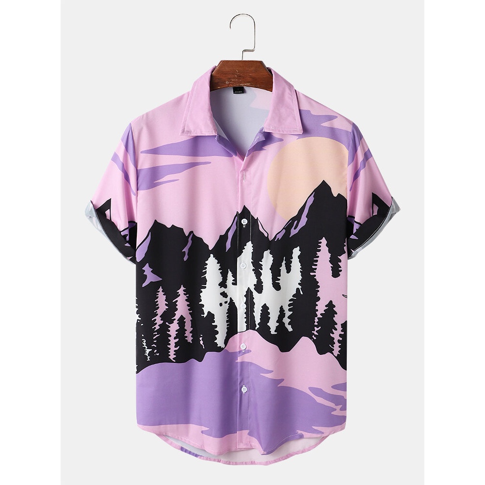 Mens Landscape Print Casual Shirts - Yellow 2XL