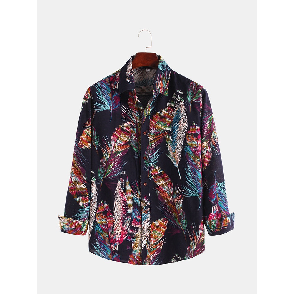Mens Colorful Feather Printing Ethnic Style Long Sleeve Loose Casual Shirts - M Navy