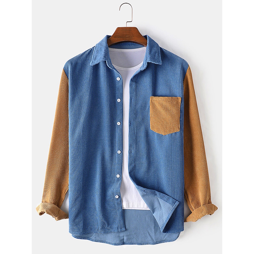 Corduroy Solid Color Patchwork Chest Pocket Long Sleeve Shirts For Men - Blue S