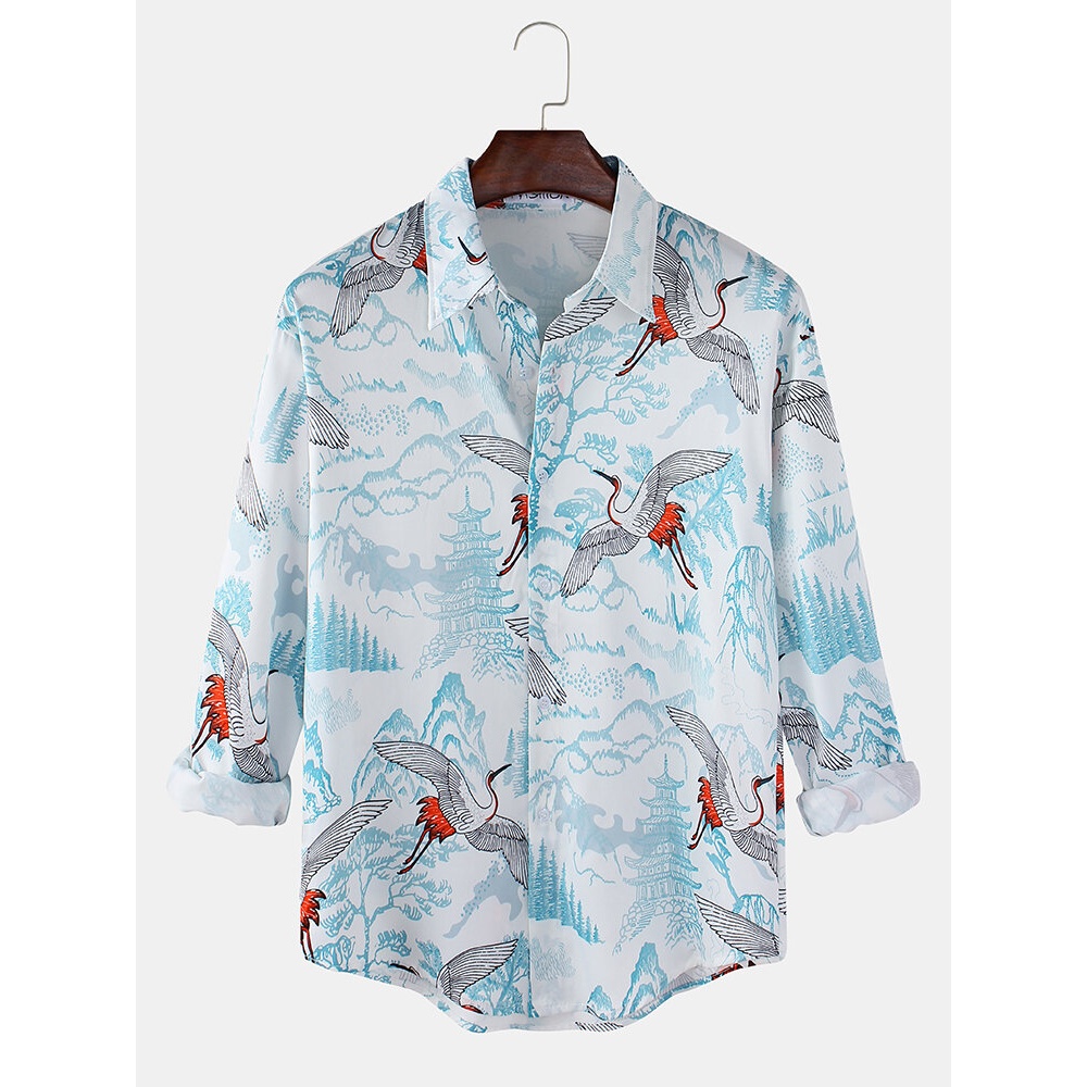 Mens Cinese Style Crane Print Long Sleeve Cartoon Shirts - White S