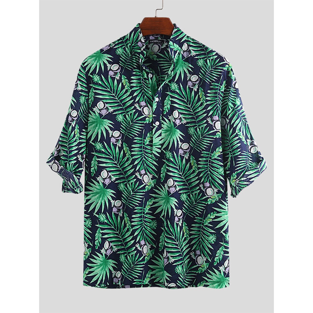 Men Hawaiian Shirt Leaf Printed Casual Party Leisure Aloha Holiday Beach Tops Tee - S Green