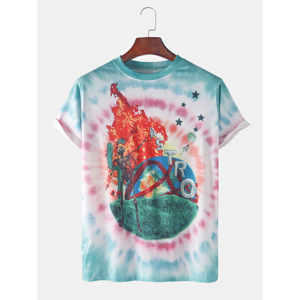 Mens Explosion Pattern Tie-Dye Print Light Thin Round Neck T-Shirts - Blue S