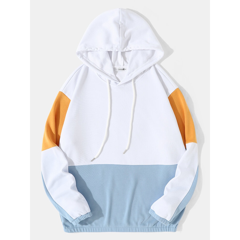 Men Patchwork Drawstring Long Sleeve Casual Hooded Sweatshirt - White S