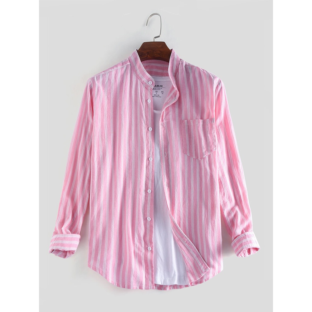 Men Cotton Stripe Plain Color Stand Collar Long Sleeve Shirts - 2XL Blue