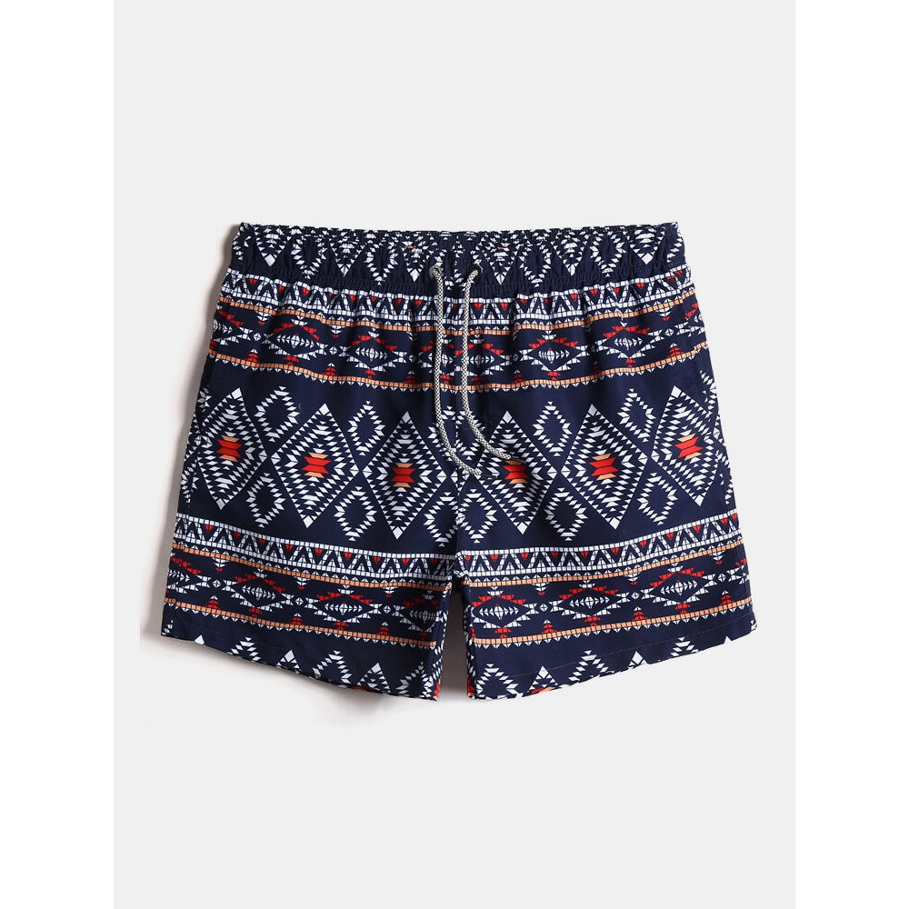 Mens Ethnic Style Tribal Print Drawstring Waist Loose Thin Holiday Beach Board Shorts - Navy S