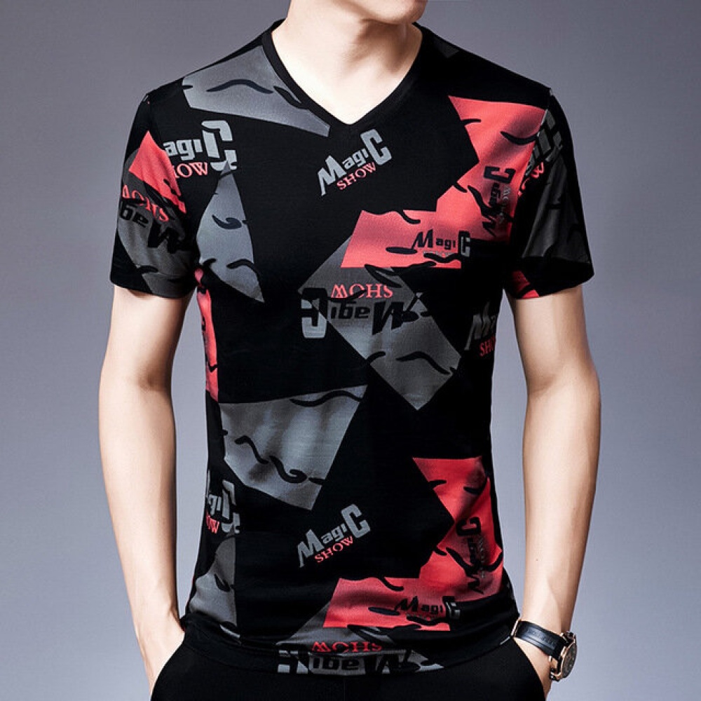 Men's Short-sleeved V-neck Cotton Printed Cool T-shirt - 175/XL 18889 red