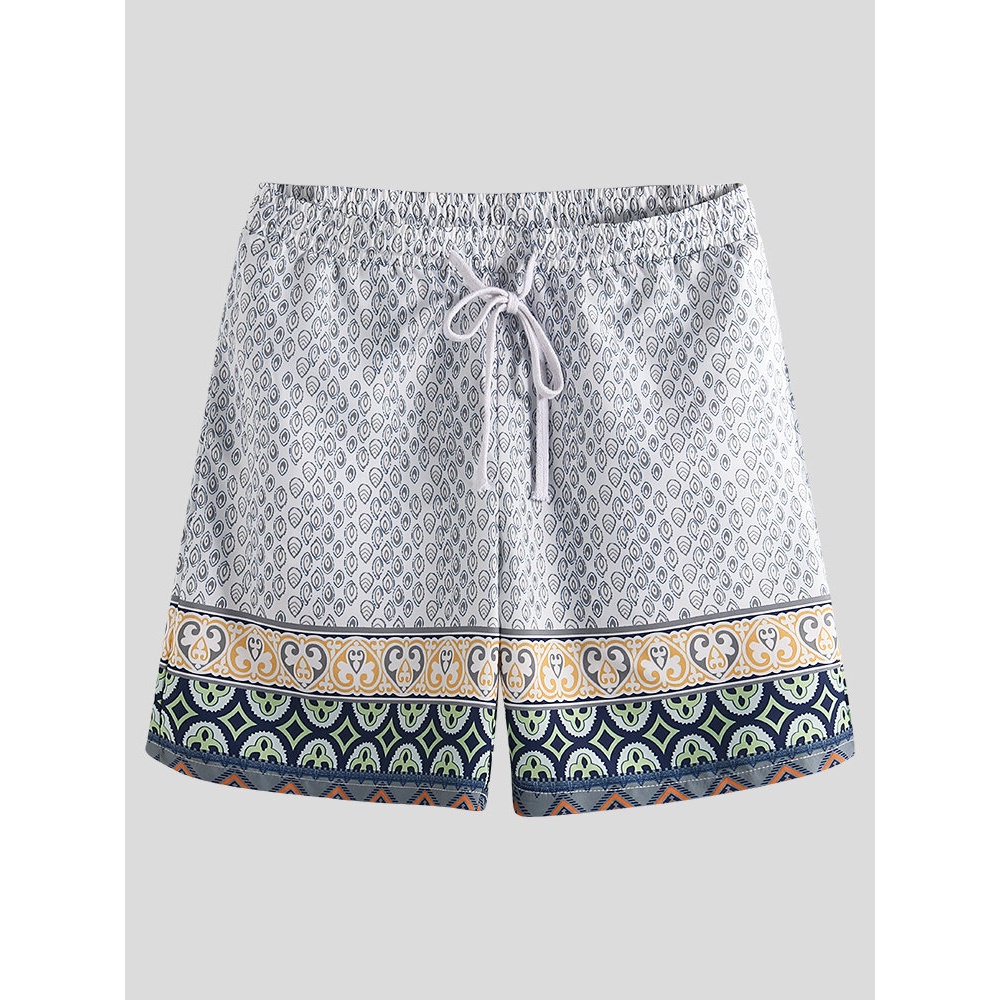 Men Ethnic Pattern Print Quick Dry Drawstring Board Shorts - 2XL Green