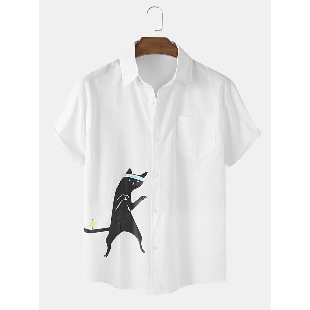 Cotton Mens Funny Cartoon Cat Print Short Sleeve Shirts - White S
