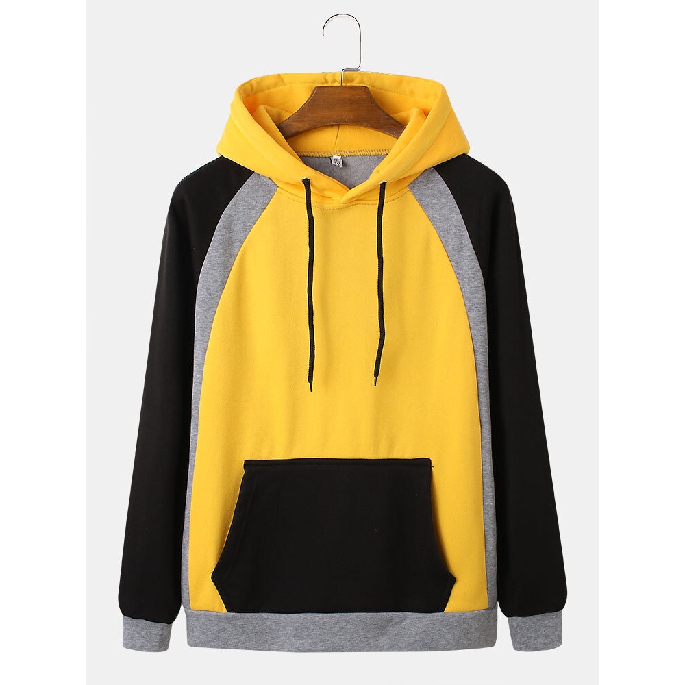 Mens Color Block Patchwork Drawstring Overhead Hoodies With Pouch Pocket - Army Green M