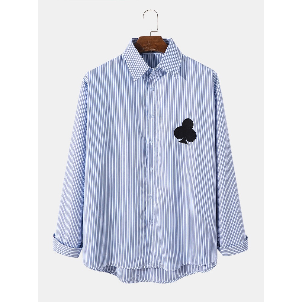 Mens Casual Korean Poker Club Embroidery High-Low Hem Shirt - White L