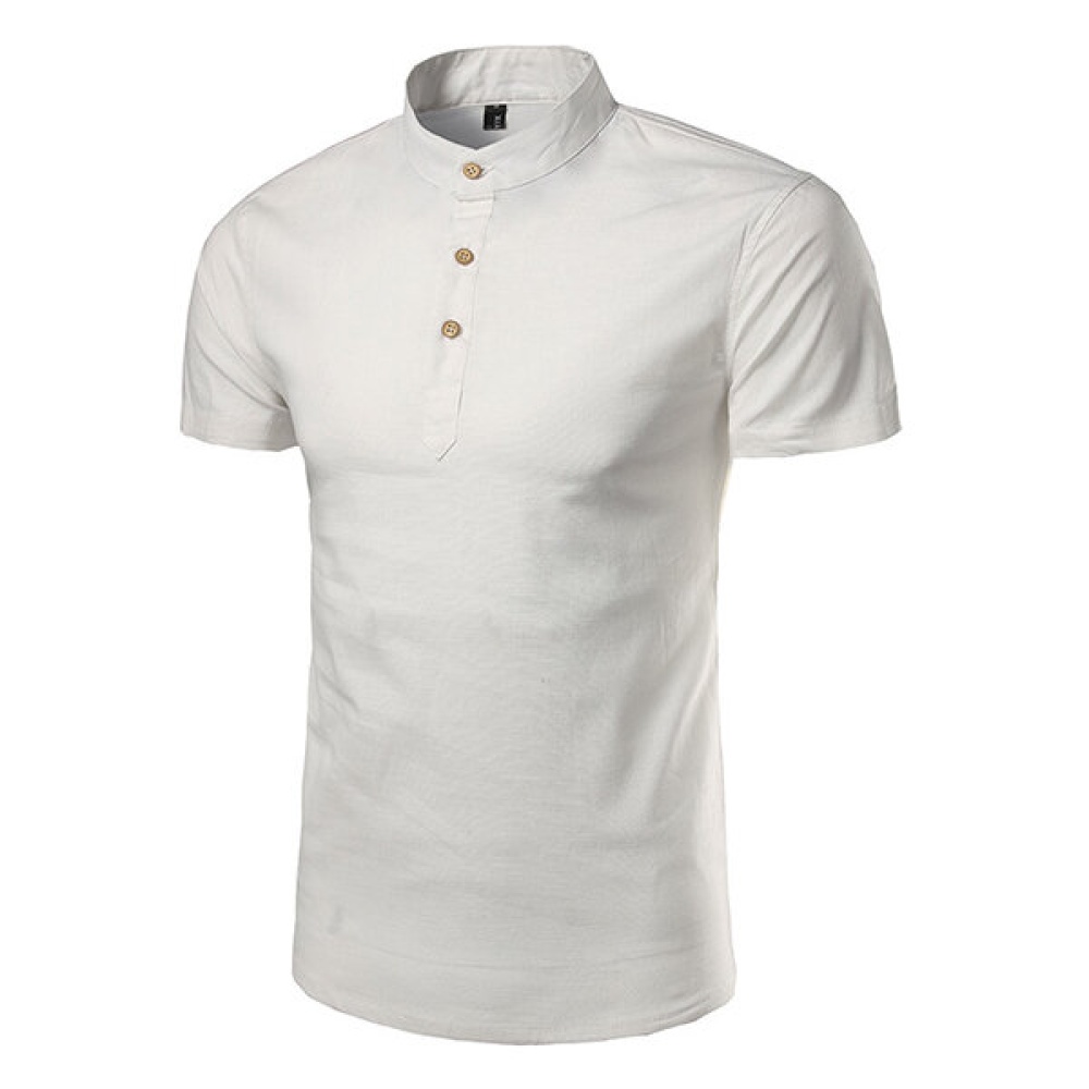 Mens Stand Collar Buttons Slim Fit Linen Short Sleeve Shirt - XL Beige White