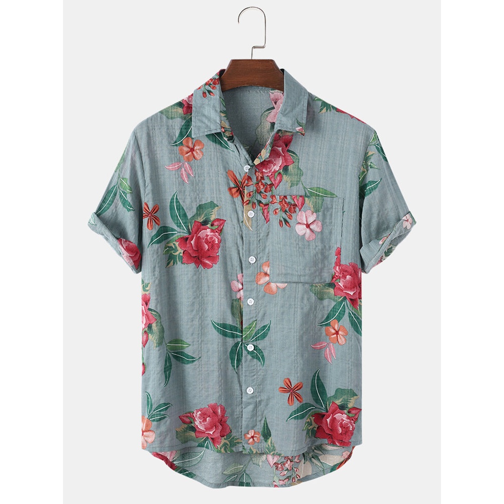 Mens 100% Cotton Flower Print Pocket Lapel Shirt - White XL