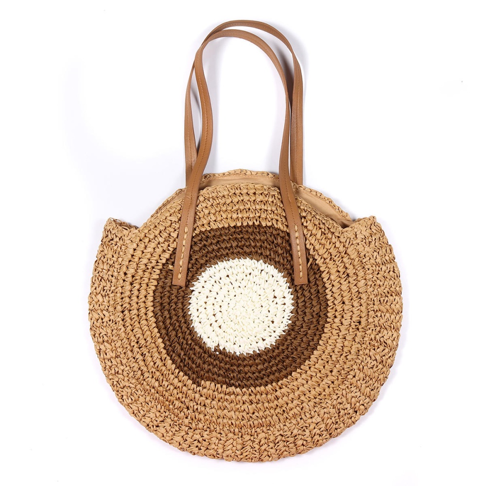 Women Beach Round Straw Bag Bucket Rattan Woven Handbag Shoulder Bag Outdoor Travel - Light Coffee