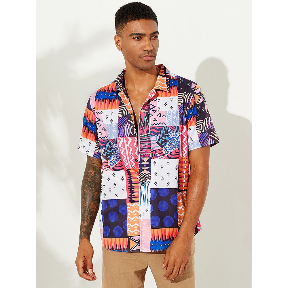 Men Mix Color Bandanna Print Relaxed Hawaiian Revere Shirts - XL Multi Color