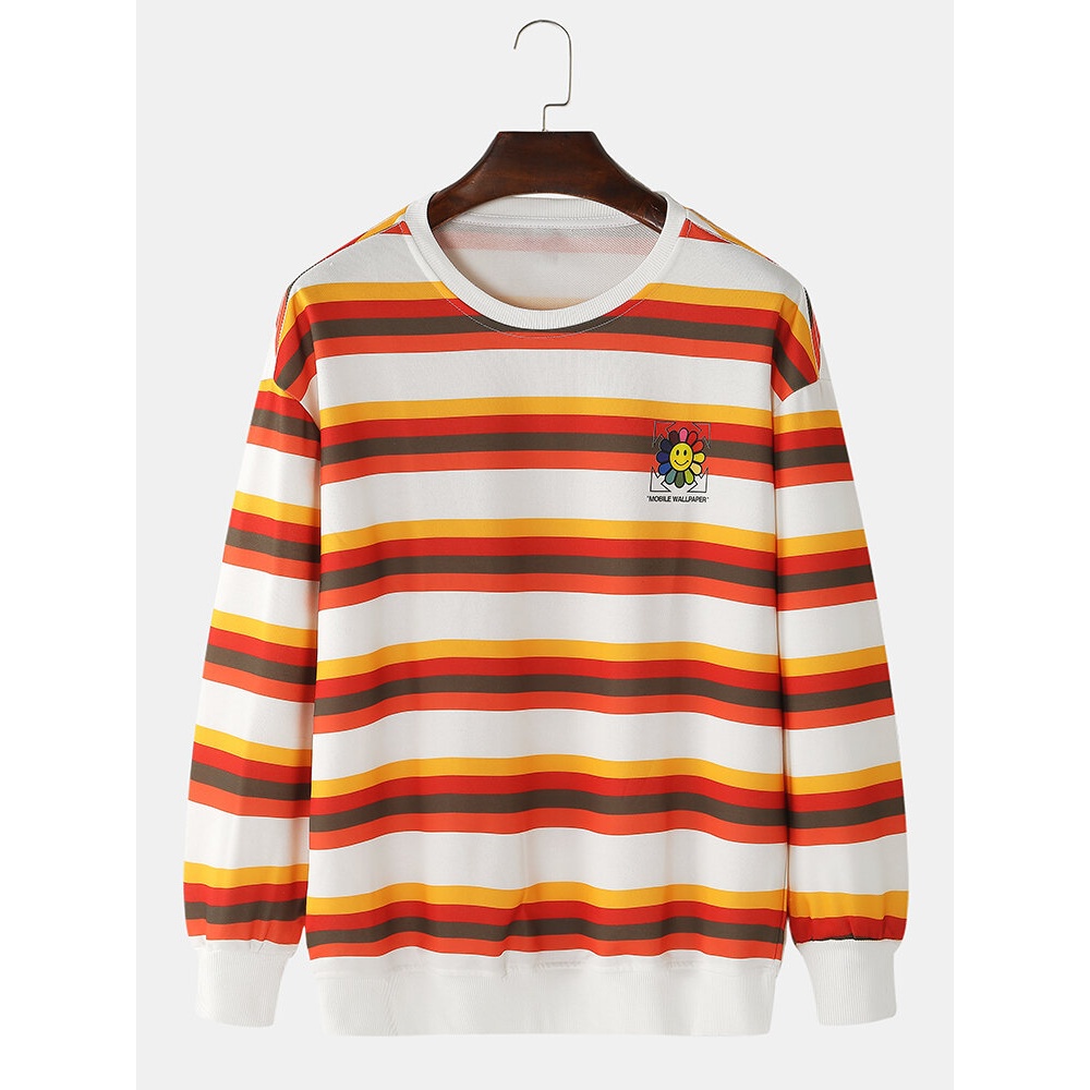 Mens Stripe Print Floral Letter Pattern Pullover Drop Shoulder Cotton Casual Sweatshirts - White L