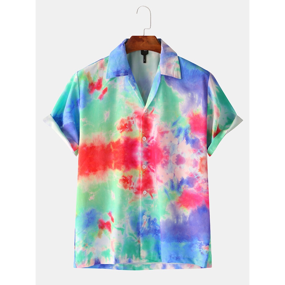 Mens Casual 100% Polyester Patchwork Breathable Short Sleeve Leisure Shirts - Green S