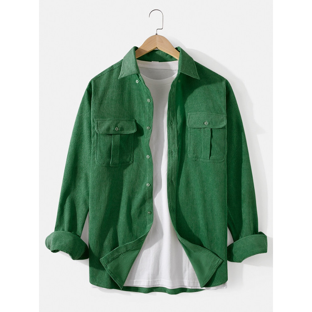 Corduroy Double Pocket Lapel Long Sleeve Simple Shirts For Men - Yellow S