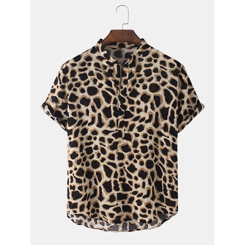 Mens Leopard Print Henley Collar Short Sleeve Shirts - black walnut color (black frame) M
