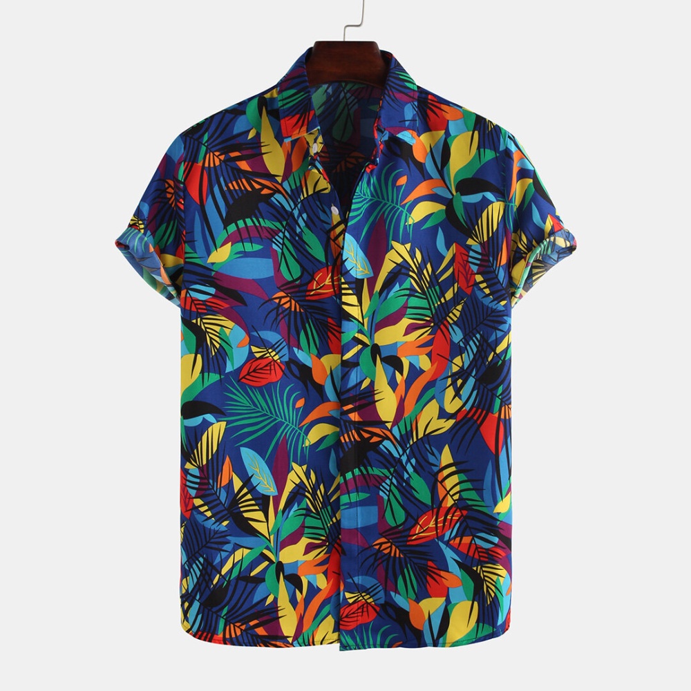 Men Leaf Printed Tropical Style Short Sleeve Lapel Casual Shirts - S White - Image 2