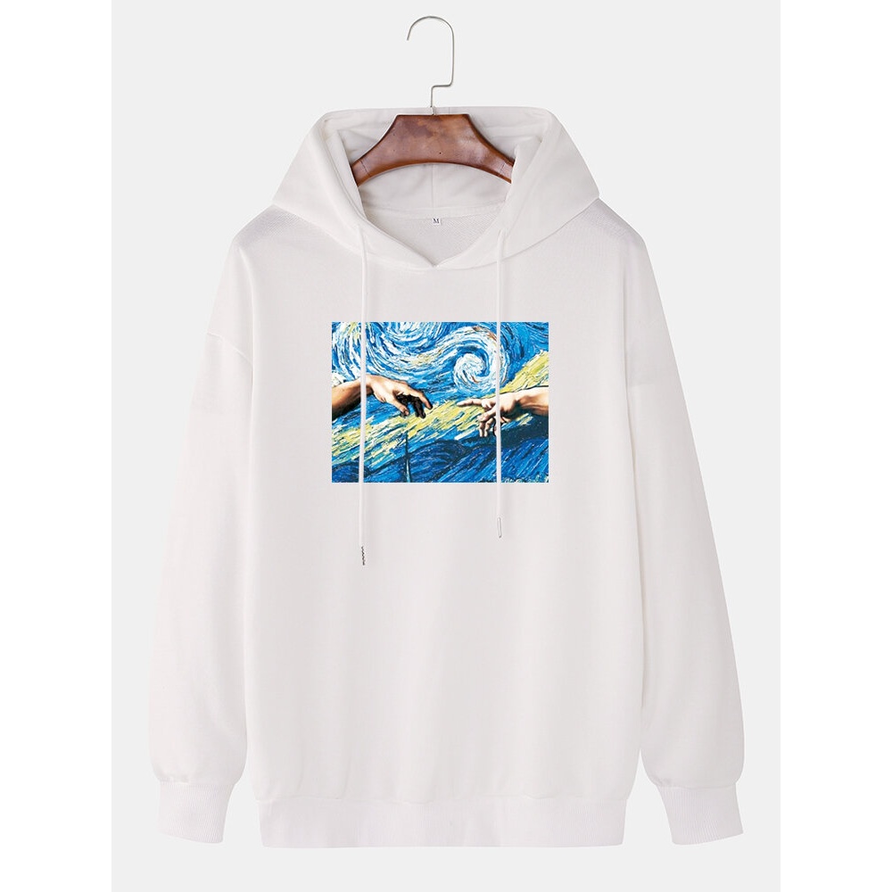 Mens Figure Painting Graphic Cotton Casual Drop Sleeve Drawstring Hoodies - White L
