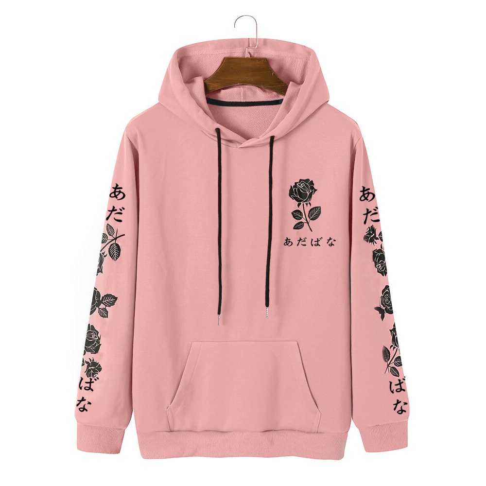 Mens Rose Printed Drawstring Retro Hoodies with Front Pocket - Black S