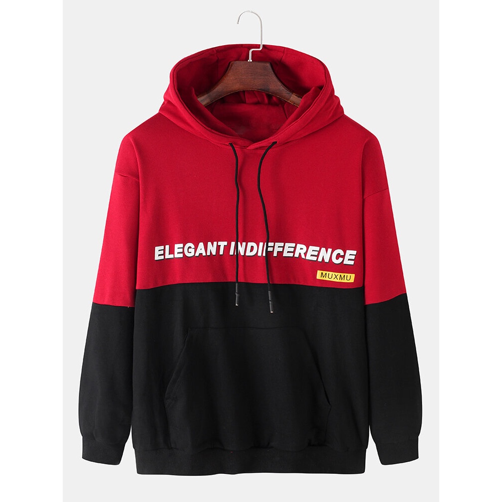 Mens Letter Print Patchwork Drop Shhoulder Kangaroo Pocket Hoodies - Red S