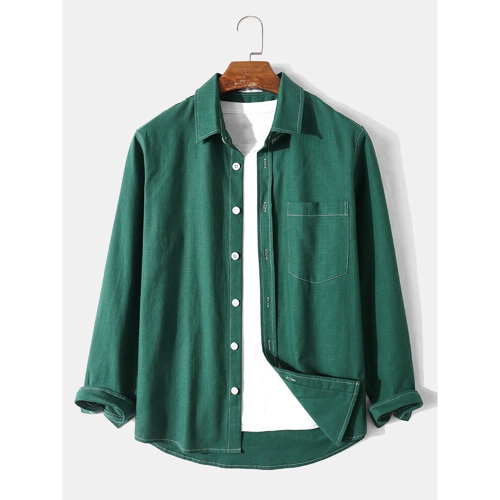 Men Bright Line Denim Solid Buttons Long Sleeve Lapel Collar Shirts - Green S