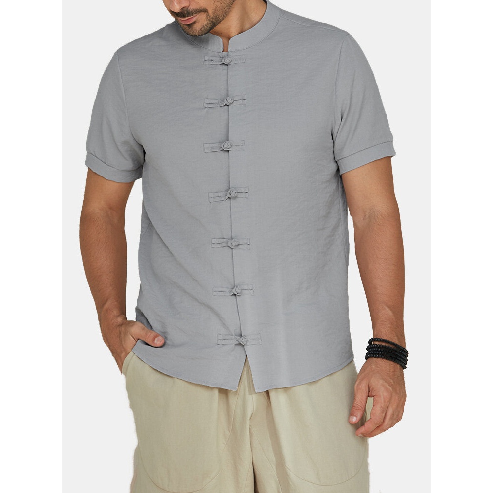 Chinese Knot Buckle Vintage Chic Mandarin Collar Short Sleeve Pure Color Shirts for Men - S White