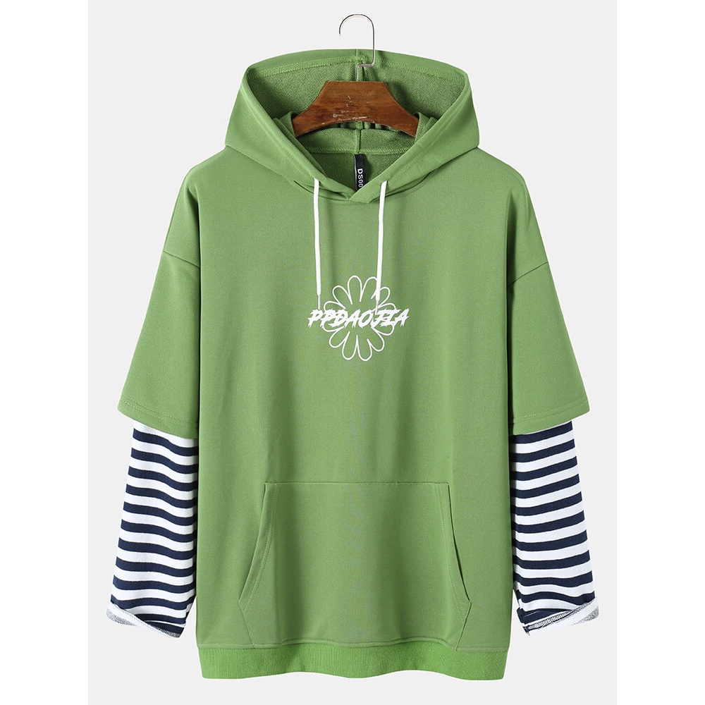 Mens Preppy Striped Sleeve Sweatshirt with Hood and Front Pocket - Fluorescent green XL