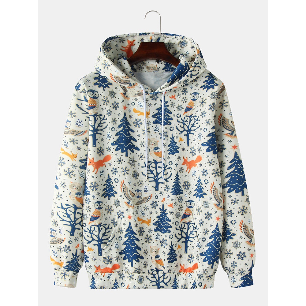 Mens Cartoon Animal & Plant Print Kangaroo Pocket Drawstring Hoodies - M Apricot