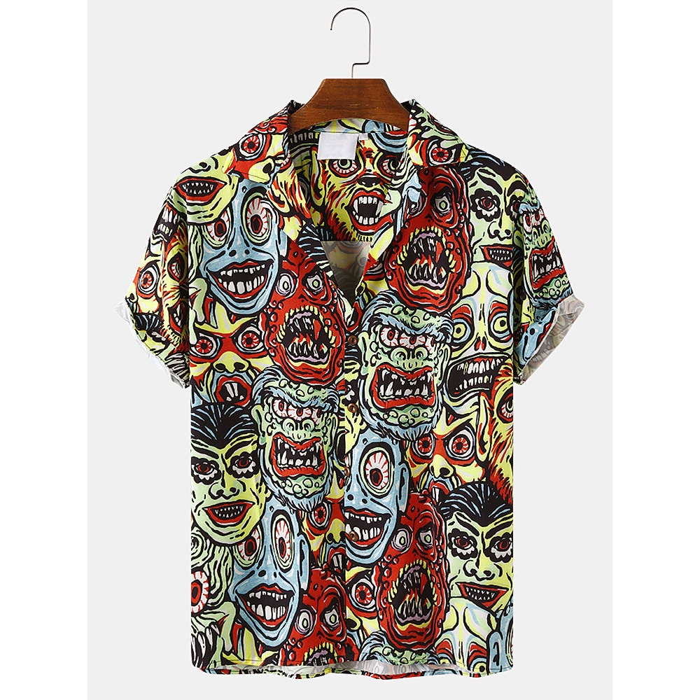 Mens Casual Clown Figure Cartoon Print Short Sleeve Shirts - Yellow M