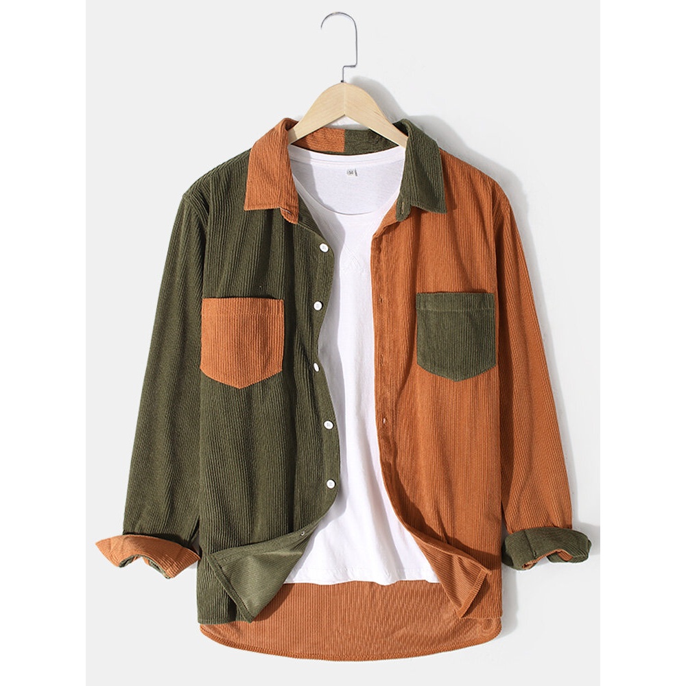 Corduroy Stitching Design Double Pocket Button Up Long Sleeve Shirts For Men - Orange S