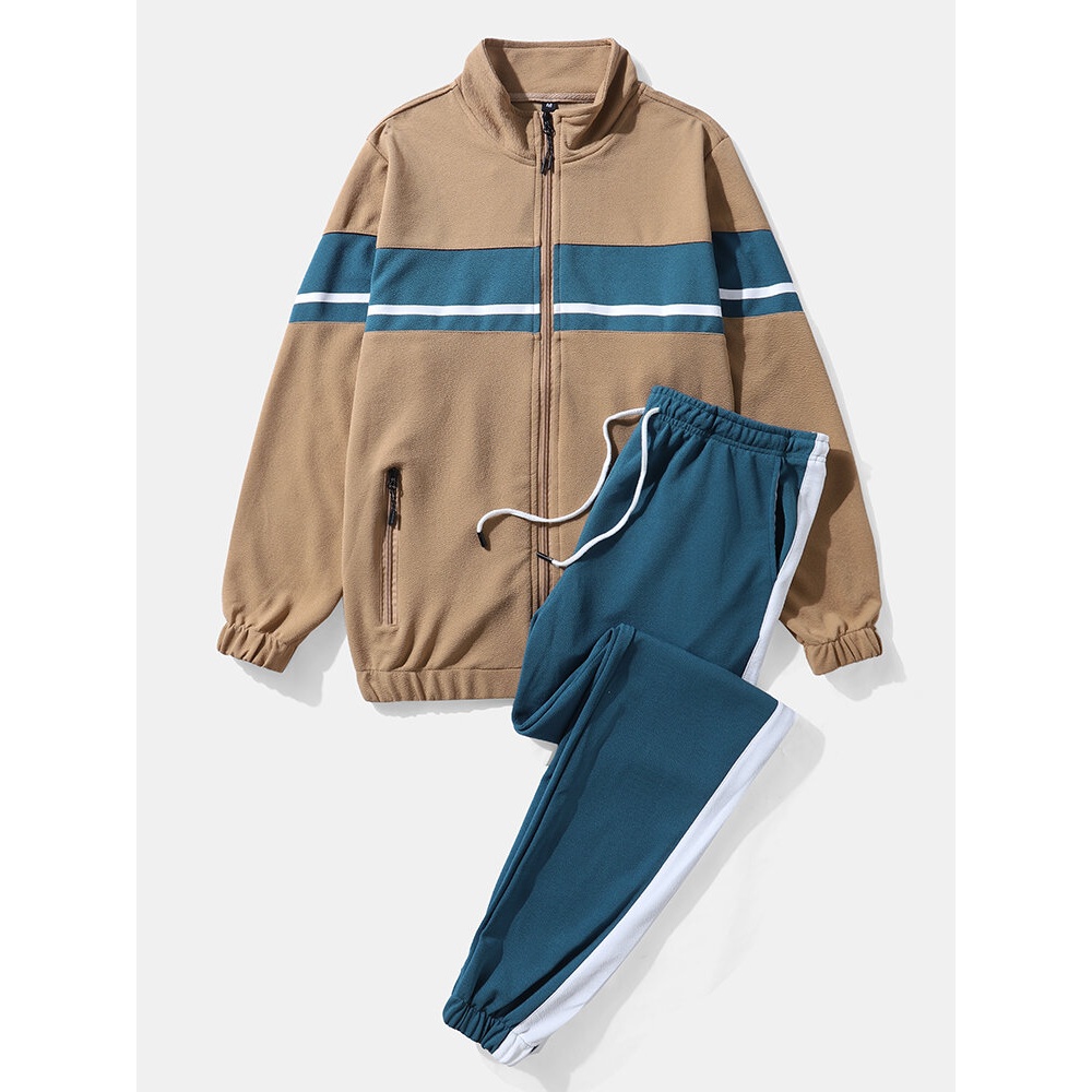 Men Patchwork Zip Jackets Sports Activewear Sets With Side Stripe Joggers Two Pieces Suits - Khaki M