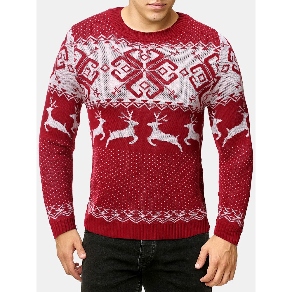 Mens  Style Elk Graphics Round Neck Long Sleeve Warm Knitted Sweaters - S Red