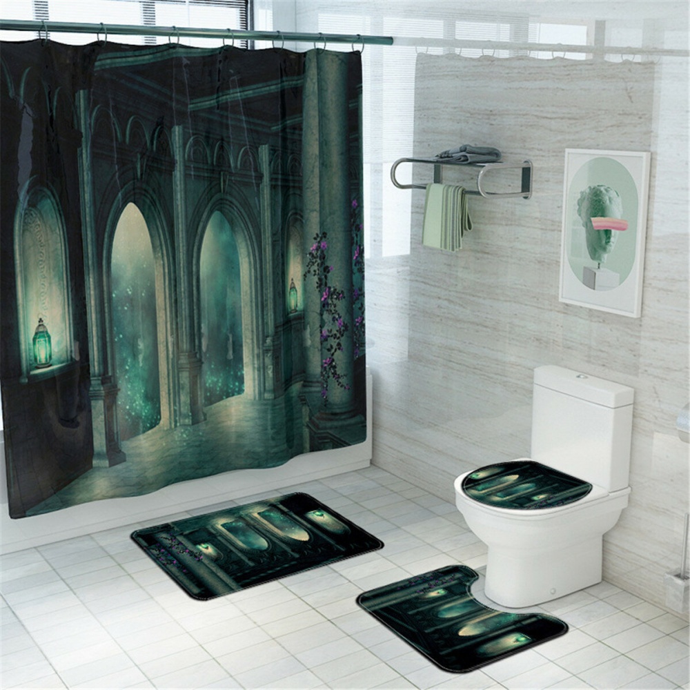 Dark Castle Printed Waterproof Shower Curtain Anti-slip Toilet Mat Carpet Set - Shower Curtain
