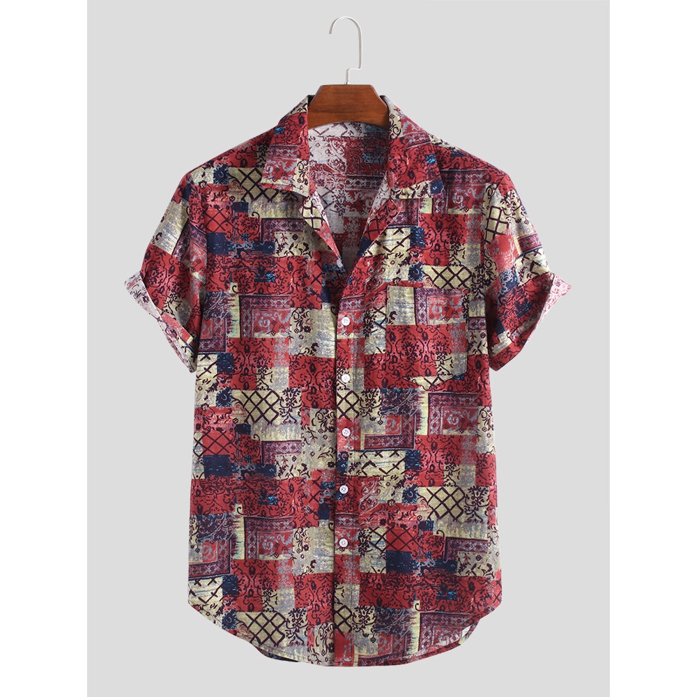 Mens Summer Plaid Printed 100% Cotton Short Sleeve Shirts - 2XL Red
