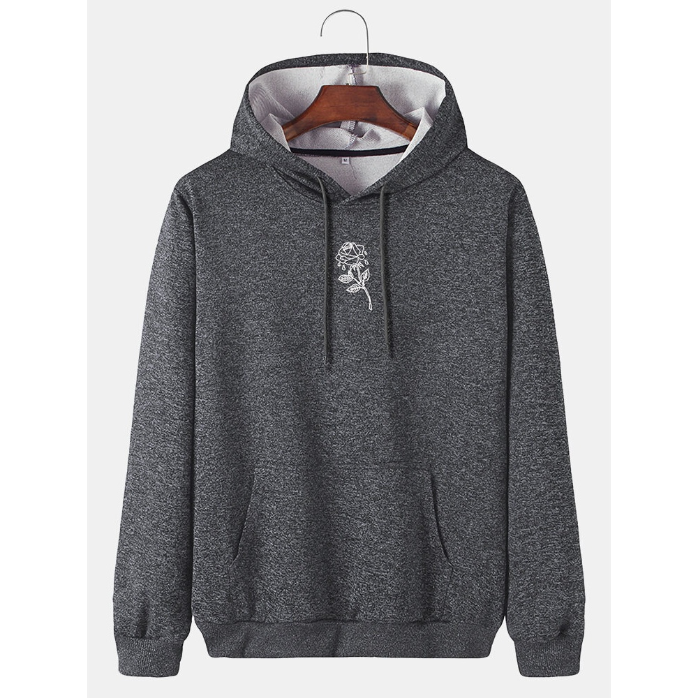 Mens Rose Print Simple Kangaroo Pocket Long Sleeve Hoodies - Wine Red XL