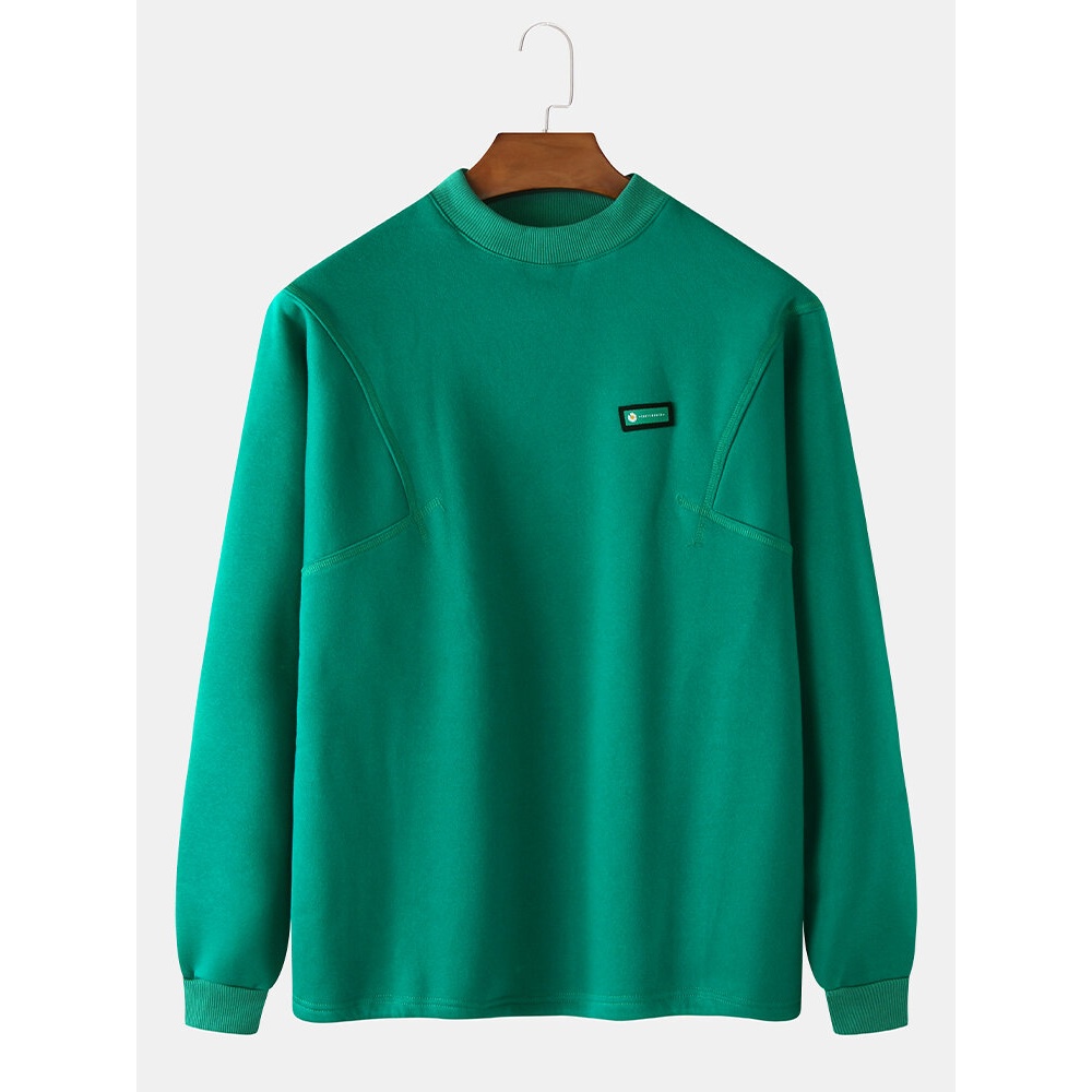 Mens Cotton Solid Color Label Round Neck Long Sleeve Pullover Design Sweatshirts - Black 3XL