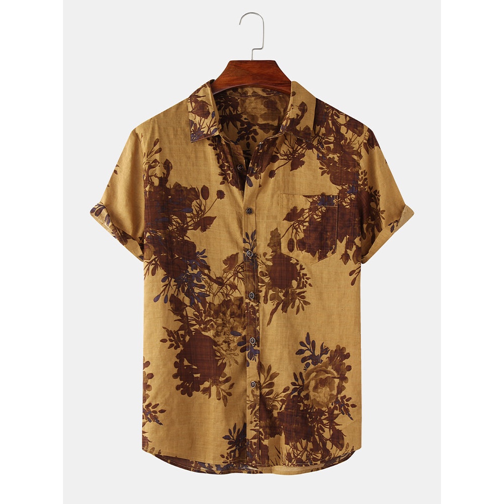 Mens Floral Print Vintage Holiday Casual Button Up Lapel Short Sleeve Shirt - Yellow S