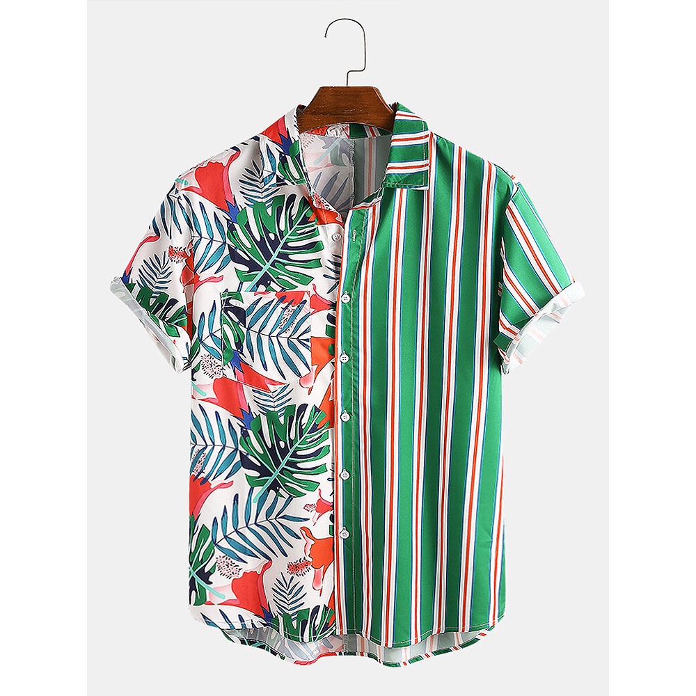 Men Tropical Plants Colorful Stripe Mixed Print Short Sleeve Casual Holiday Shirts - Green M