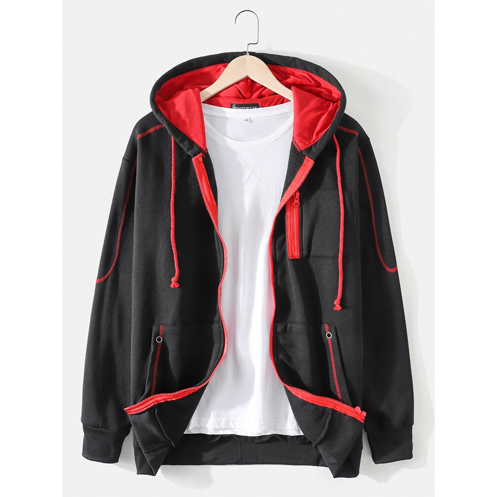 Mens Contrasting Colors Pocket Long Sleeve Design Zipper Hoodies - Black 2XL