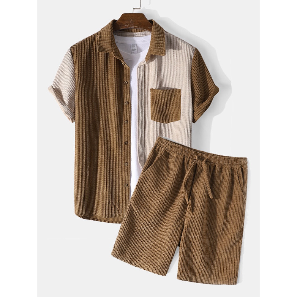 Mens Contrast Color Corduroy Short Sleeve Loungewear Two-Piece Outfits - Yellow XL